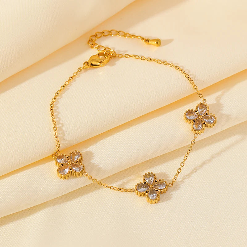 Gold-Tone Flower Zirconia Jewelry Set  Waterproof Stainless Steel