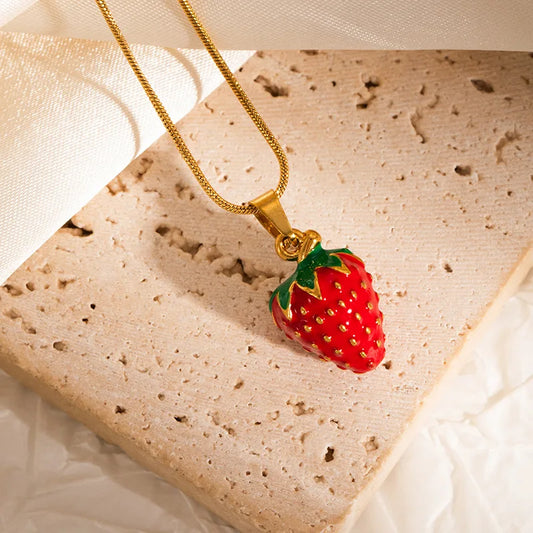 Strawberry Pendant Necklace Stainless Steel Enamel Chain