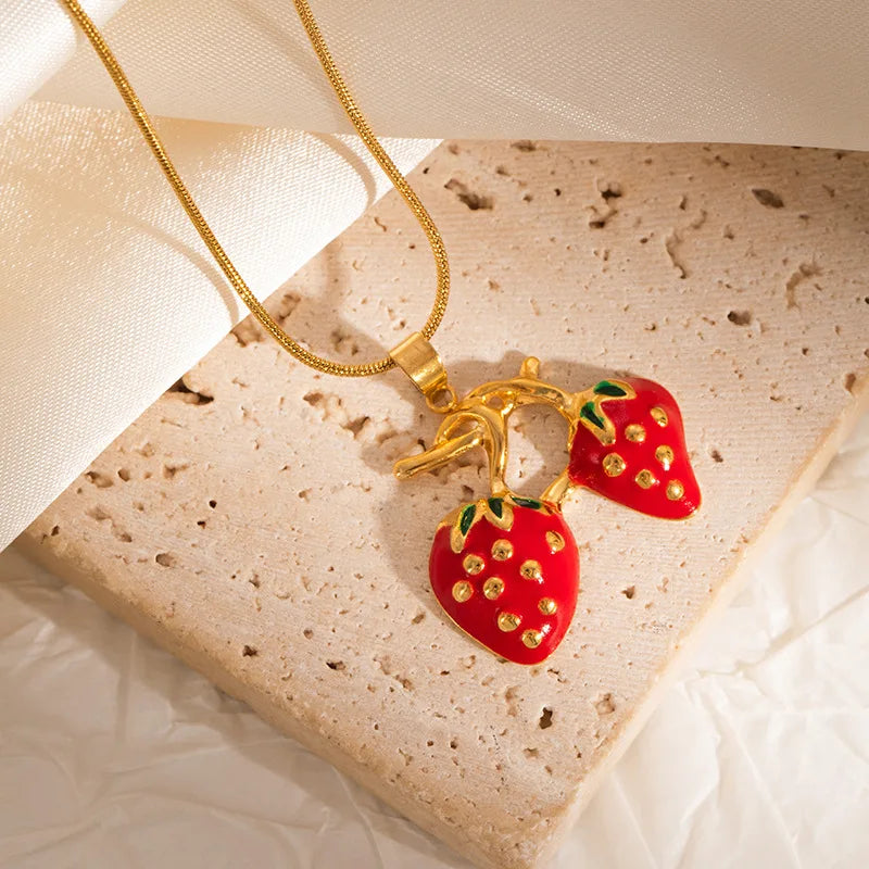 Strawberry Pendant Necklace Stainless Steel Enamel Chain