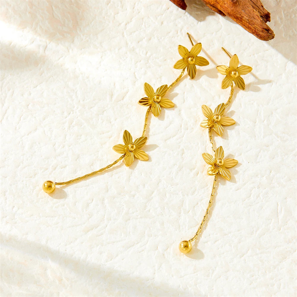 Gold Plated Flower Tassel Earrings Stainless Steel