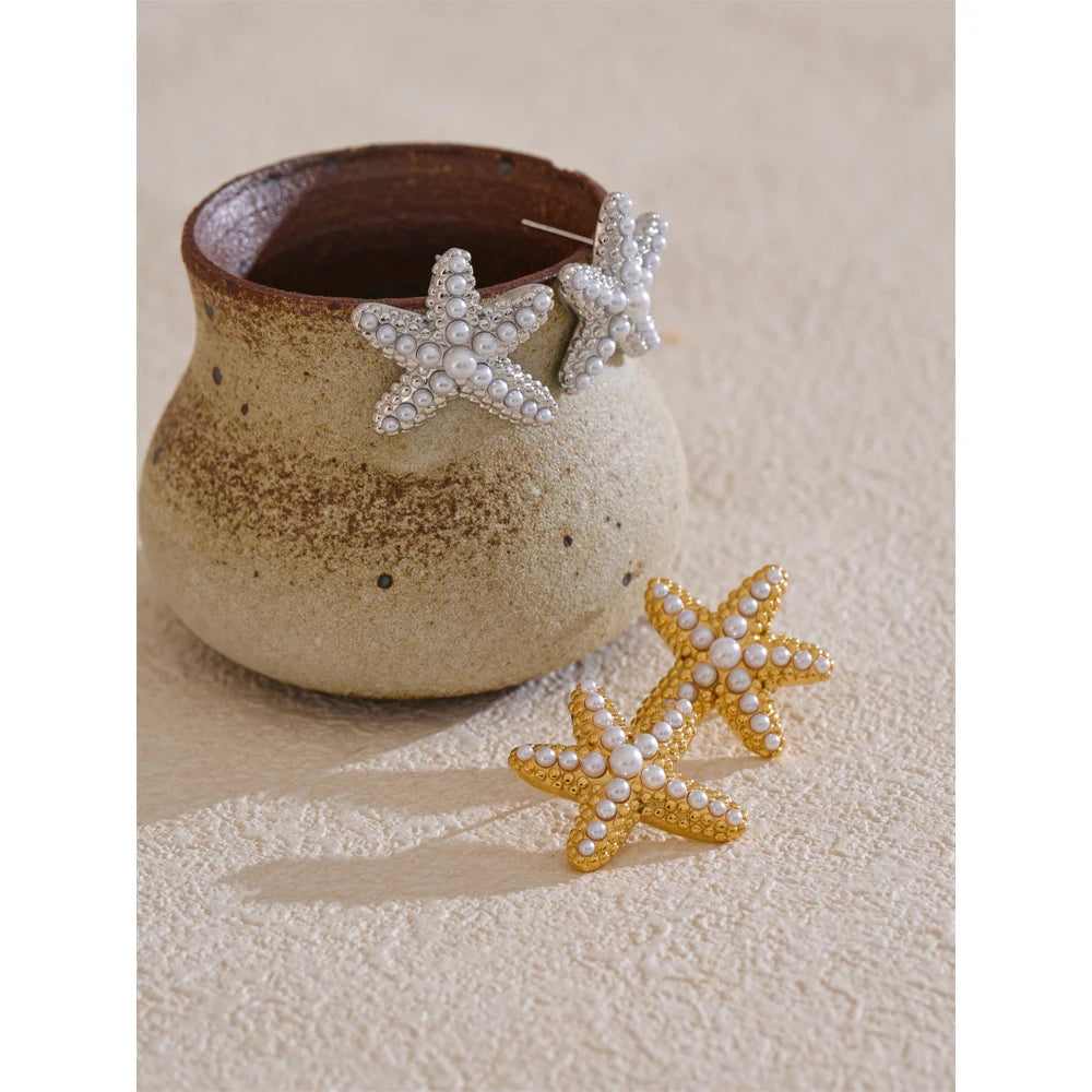 Ocean Starfish Pearl Stud Earrings Stainless Steel Vintage