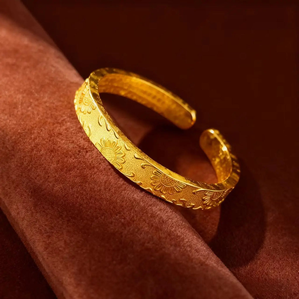 24K Gold AU 999 Vintage Sunflower Open Bangle