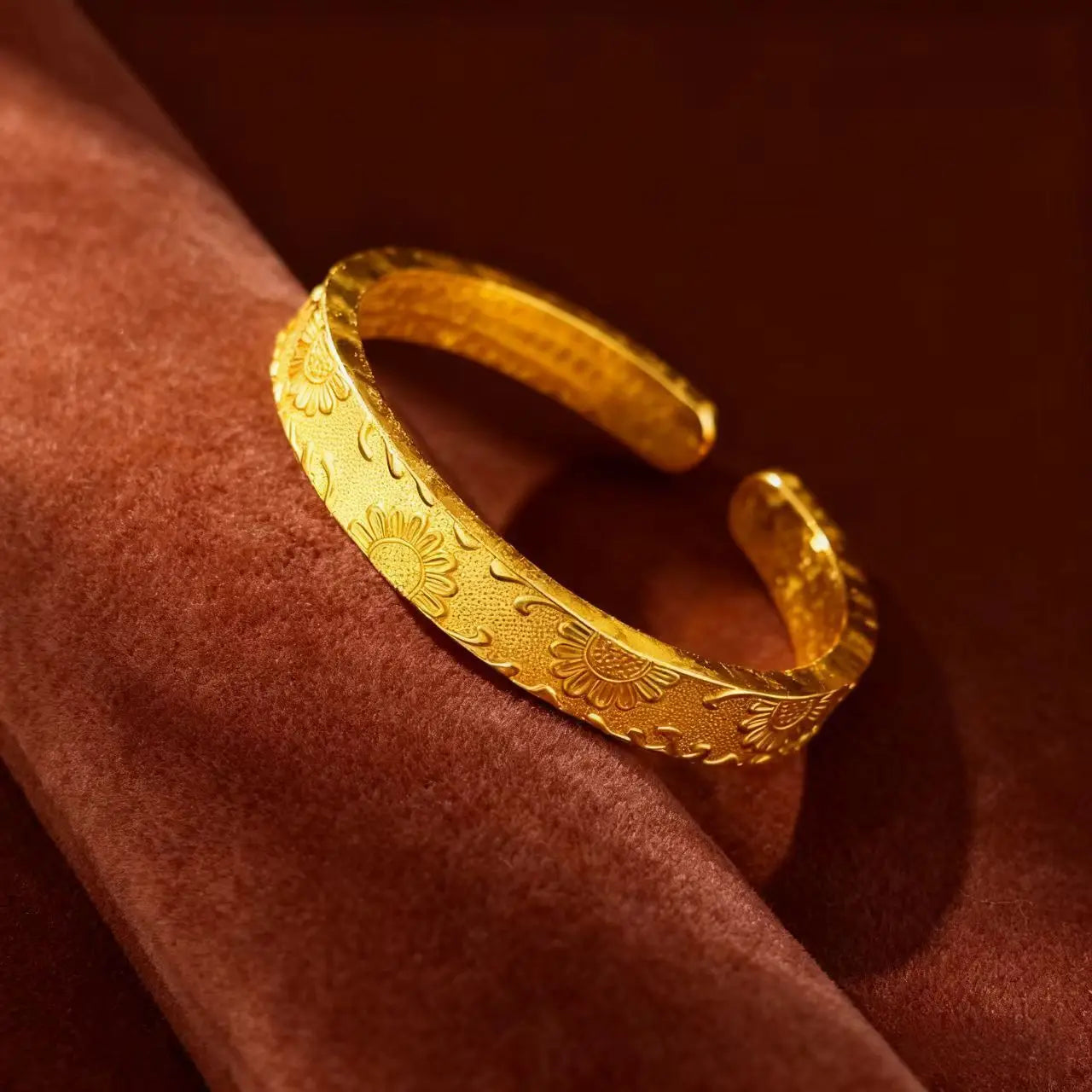 24K Gold AU 999 Vintage Sunflower Open Bangle