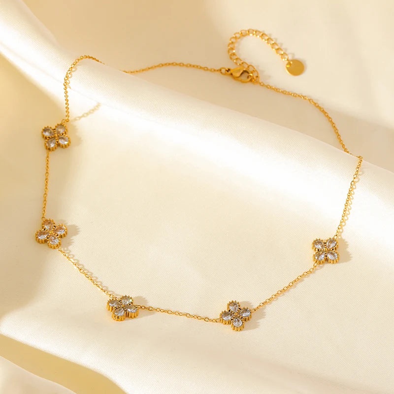 Gold-Tone Flower Zirconia Jewelry Set  Waterproof Stainless Steel