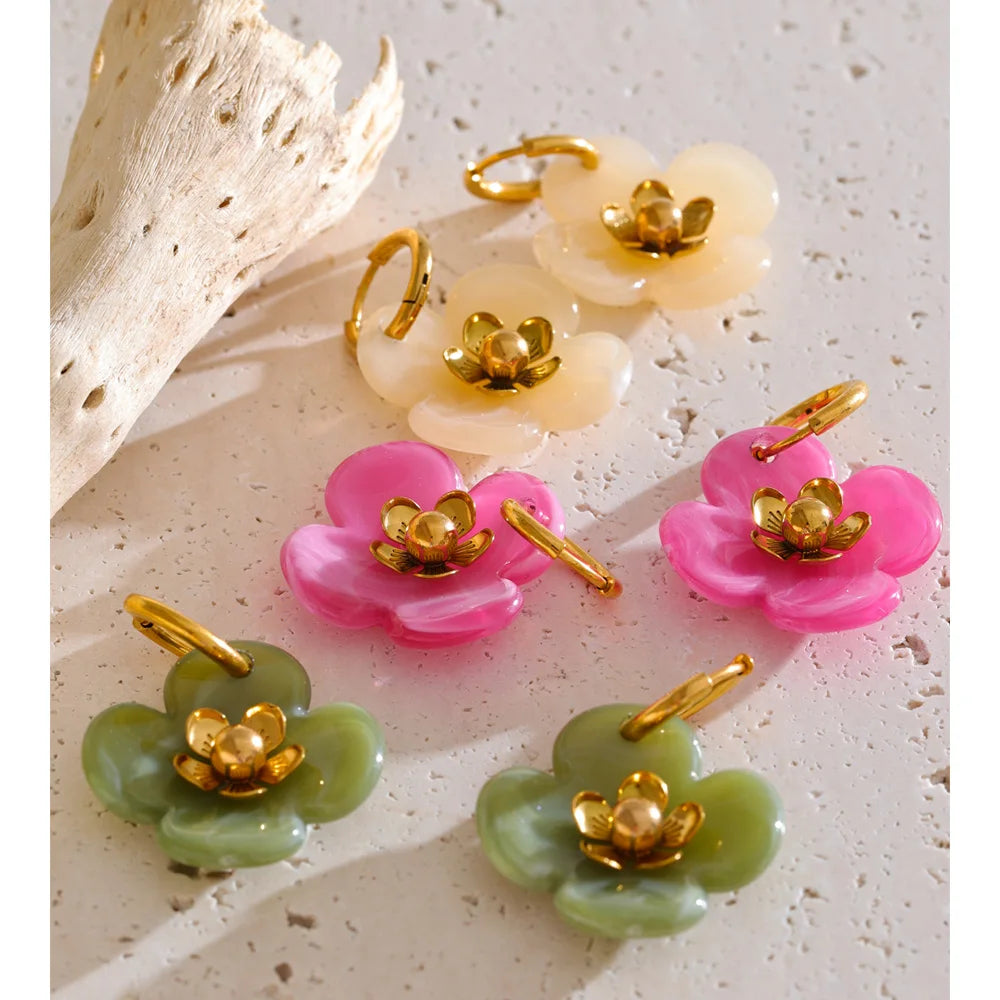 Women’s Flower Drop Hoop Earrings Stainless Steel Resin Gold Plated Trendy