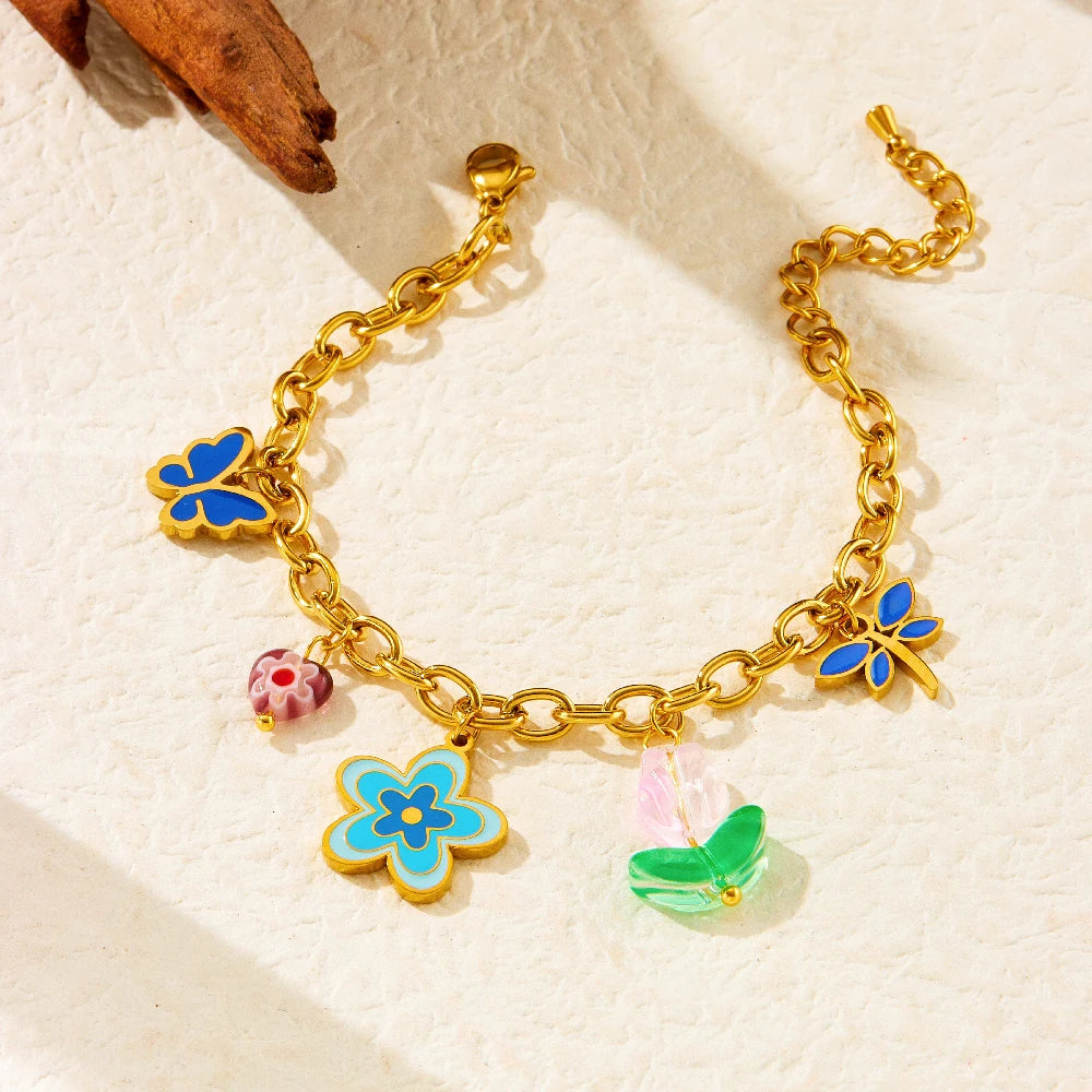 Elegant Blue Enamel Vintage  Flower Stainless Steel Jewelry Set