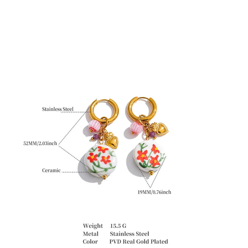 Women’s Stainless Steel Ceramic Flower Drop Earrings Gold Plated Trendy
