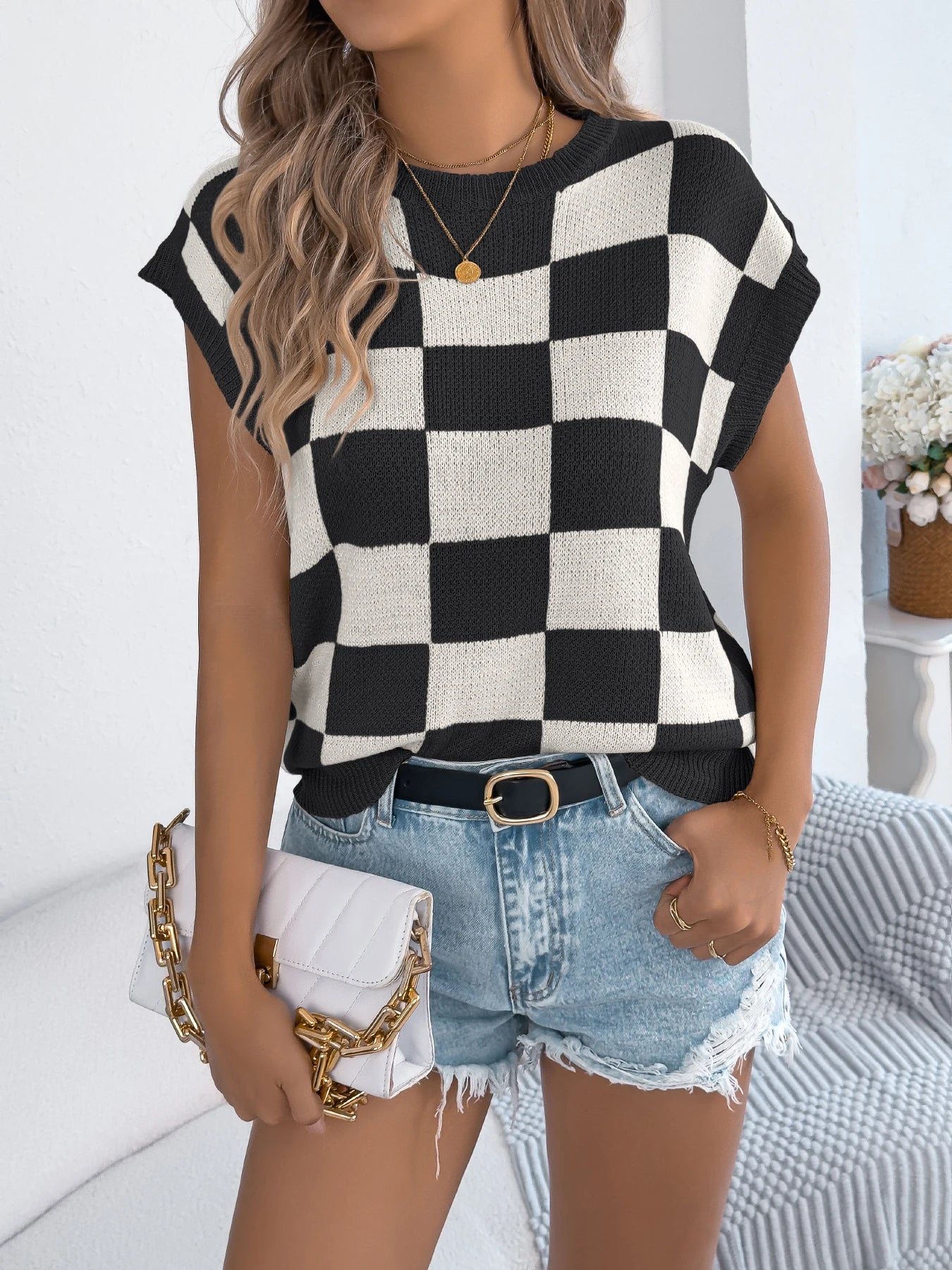 Color Block Plaid Knit Top Short Sleeve Pullover