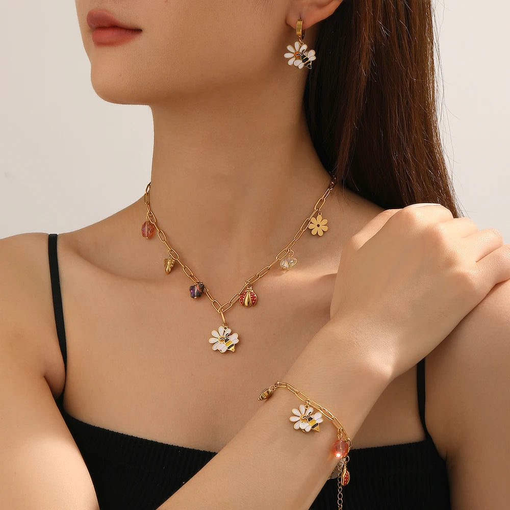 14K Gold Plated Bee Jewelry Set Stainless Steel