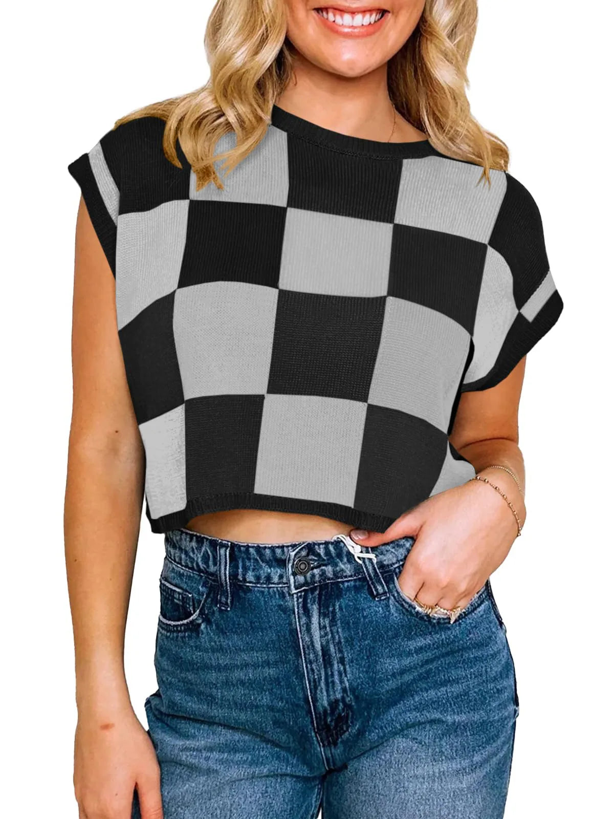 Color Block Checkerboard Knit Crop
