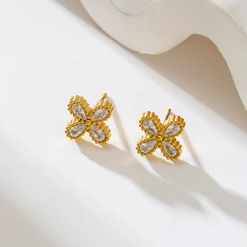 Gold-Tone Flower Zirconia Jewelry Set  Waterproof Stainless Steel