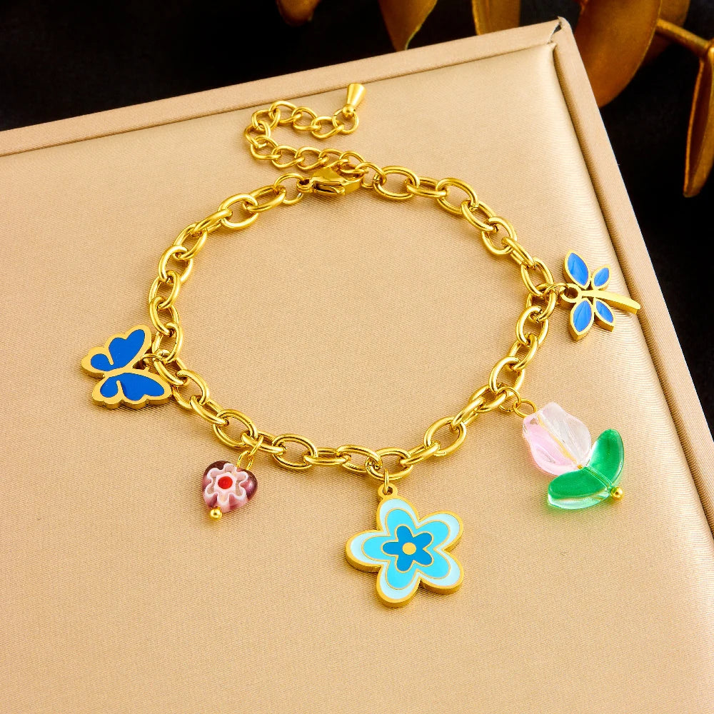 Elegant Blue Enamel Vintage  Flower Stainless Steel Jewelry Set