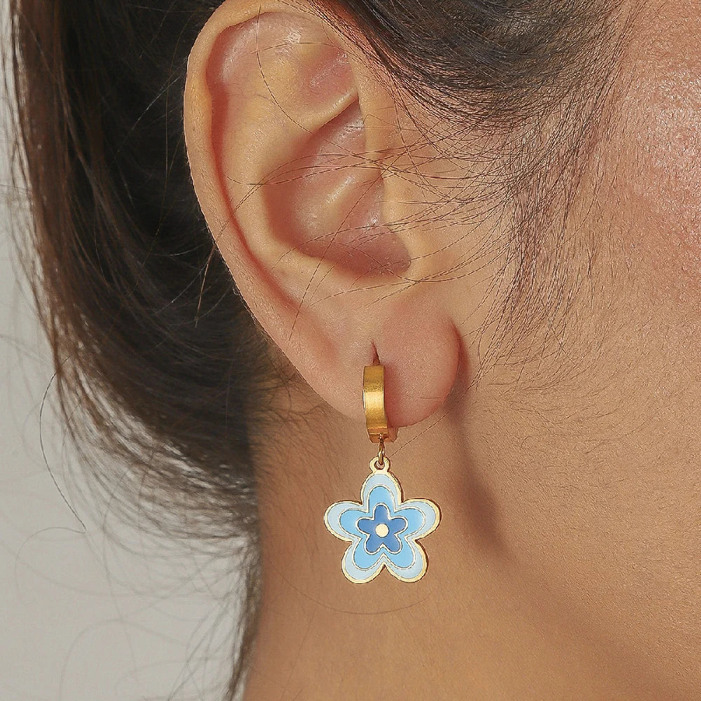 Elegant Blue Enamel Vintage  Flower Stainless Steel Jewelry Set