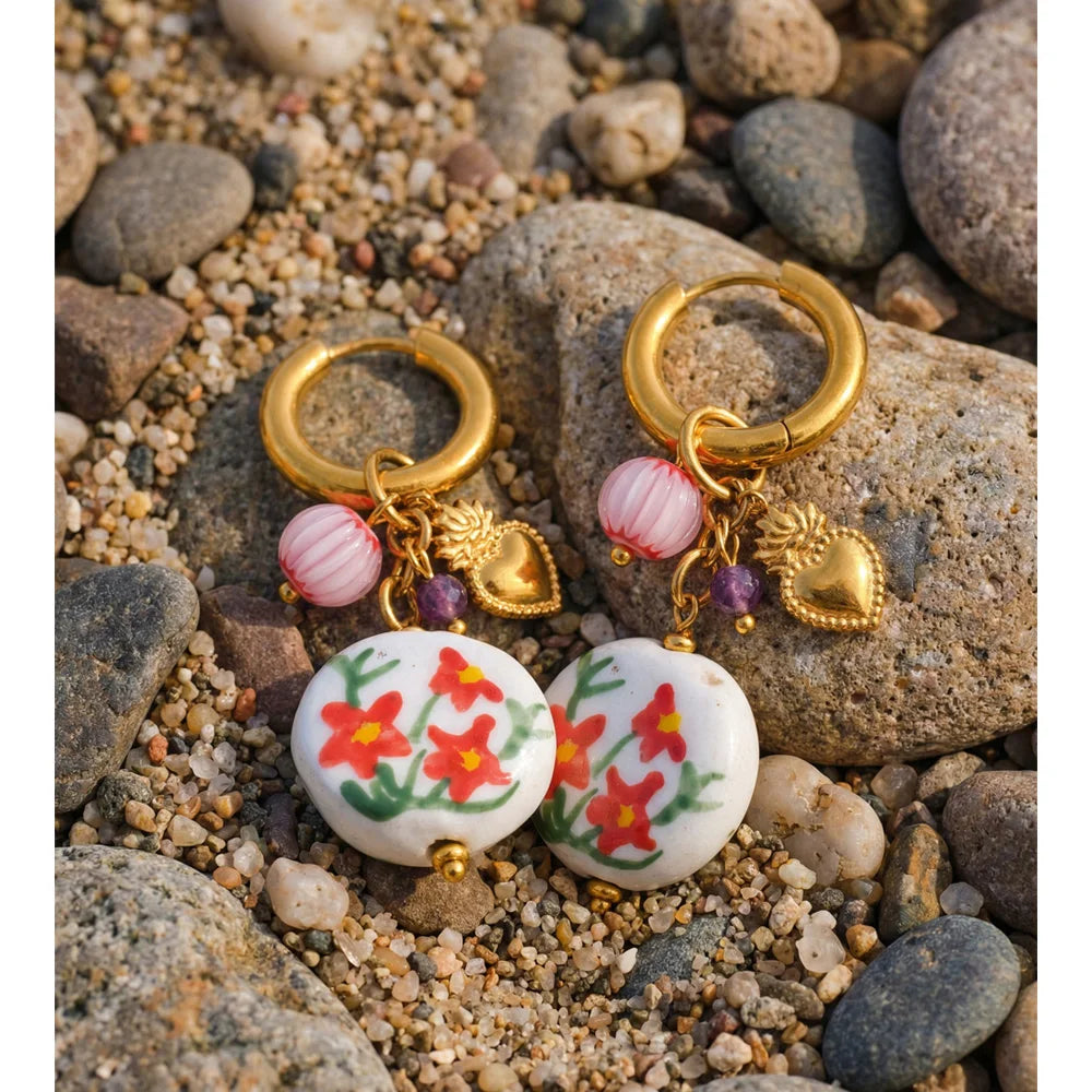 Women’s Stainless Steel Ceramic Flower Drop Earrings Gold Plated Trendy