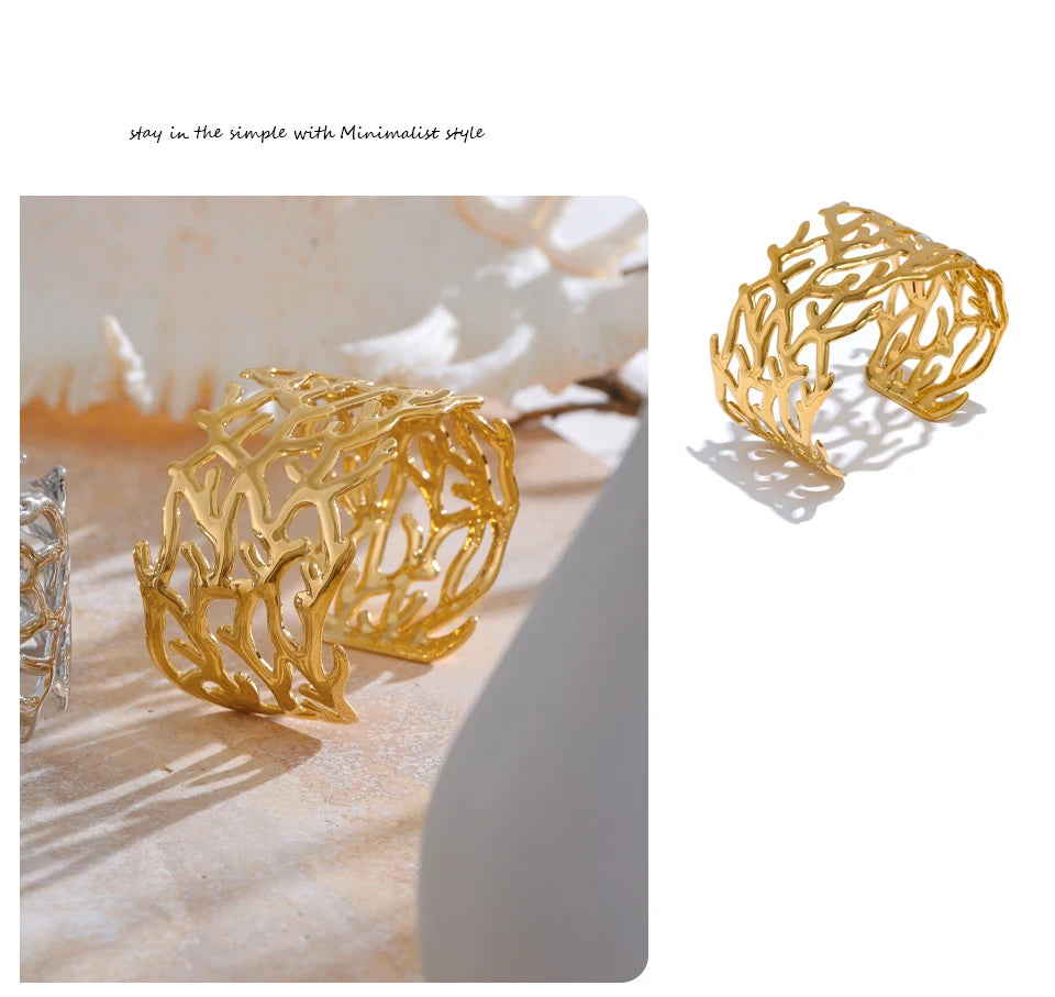 Vintage Twig Wide Cuff Waterproof Stainless Steel Bangle