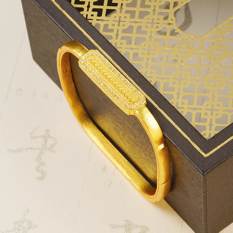 24K Women’s Gold Tone Zircon Bangle Wheat Square Design Adjustable Gift Bracelet