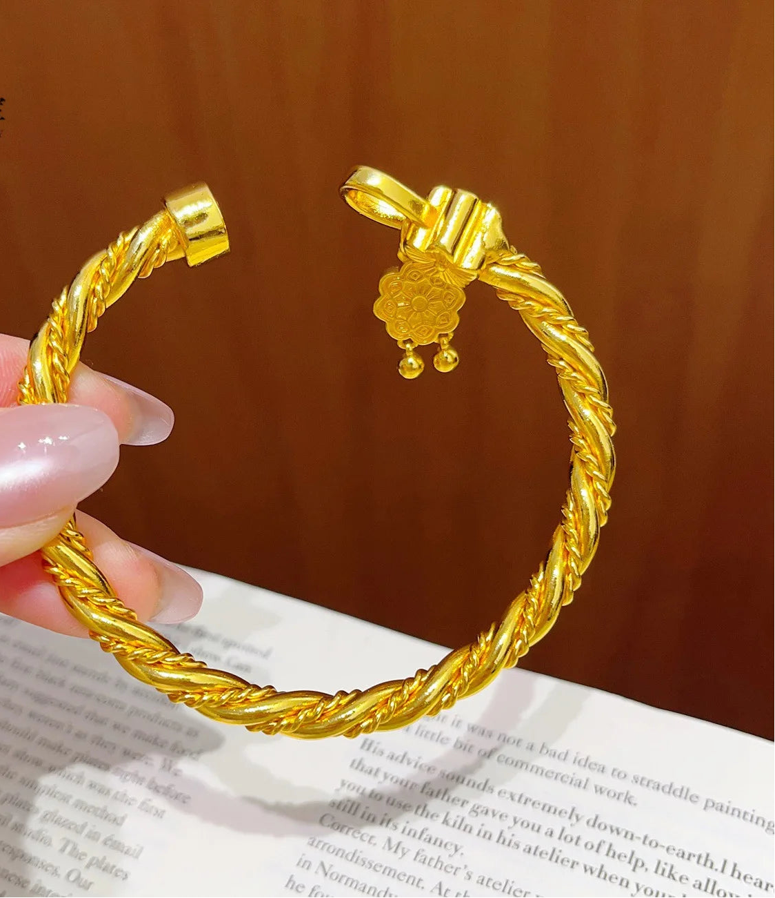 24K Gold Peach Blossom Open Bangle Bracelet for Women Lucky Symbol Jewelry