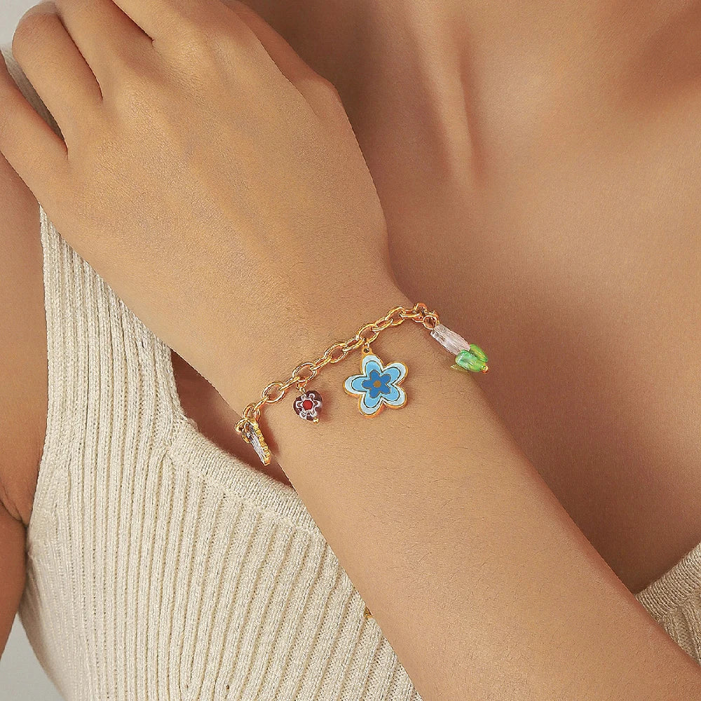 Elegant Blue Enamel Vintage  Flower Stainless Steel Jewelry Set