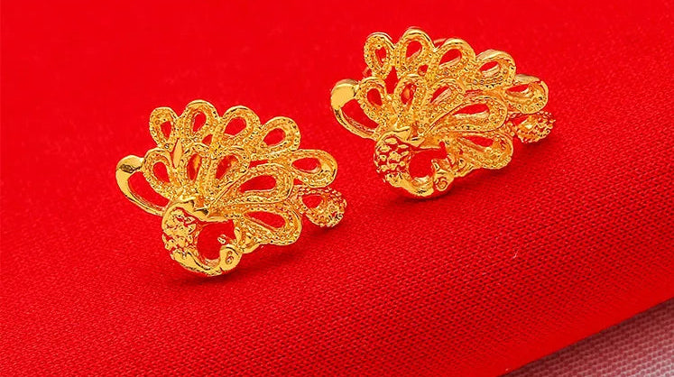 24K Gold Flower Euro  Coin Stud Earrings Vintage