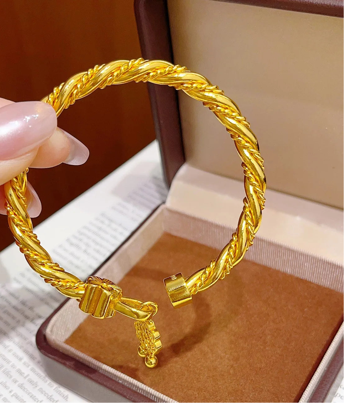24K Gold Peach Blossom Open Bangle Bracelet for Women Lucky Symbol Jewelry