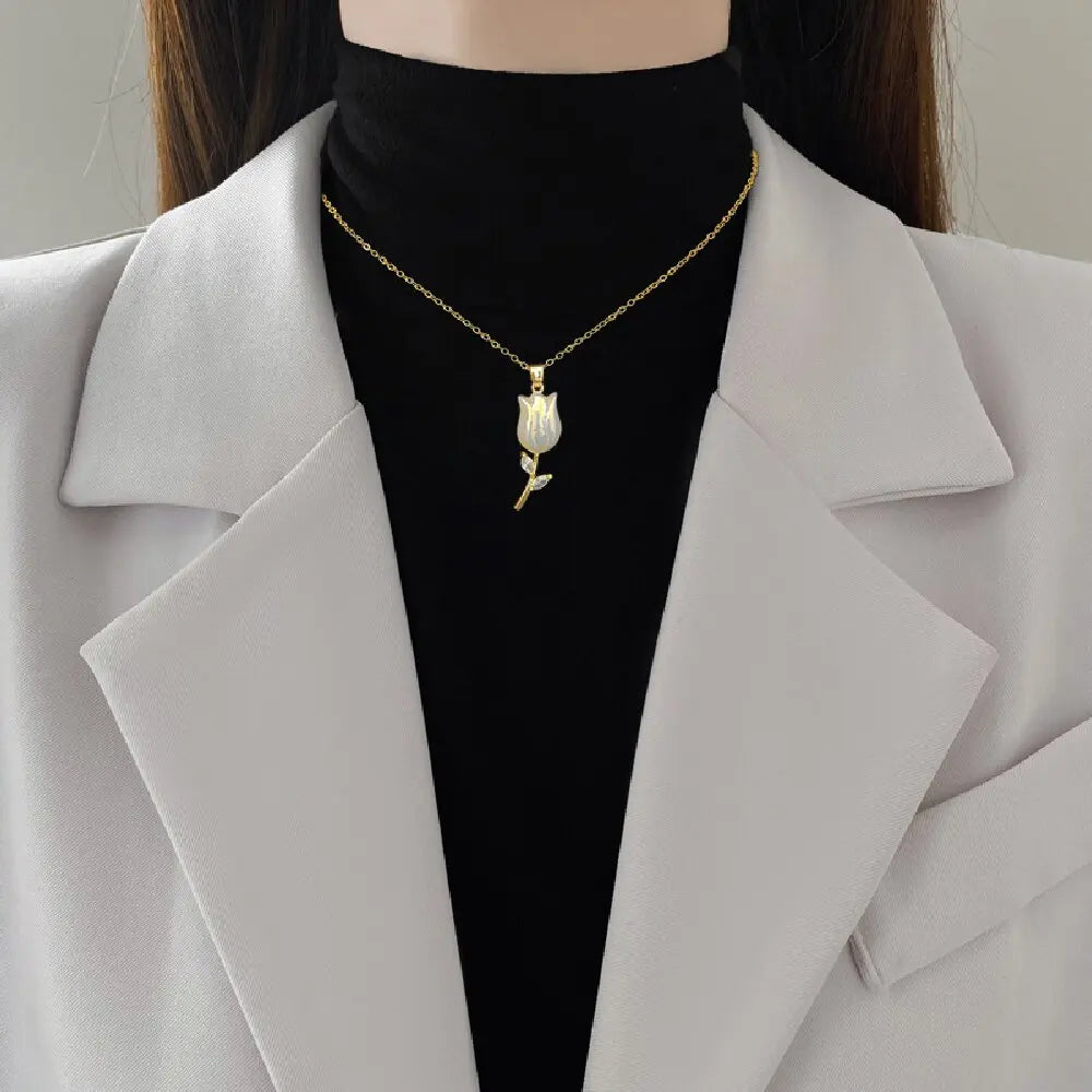 Rose Flower Pendant Necklace Stainless Steel