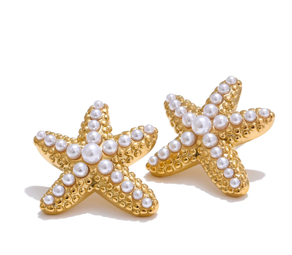 Ocean Starfish Pearl Stud Earrings Stainless Steel Vintage