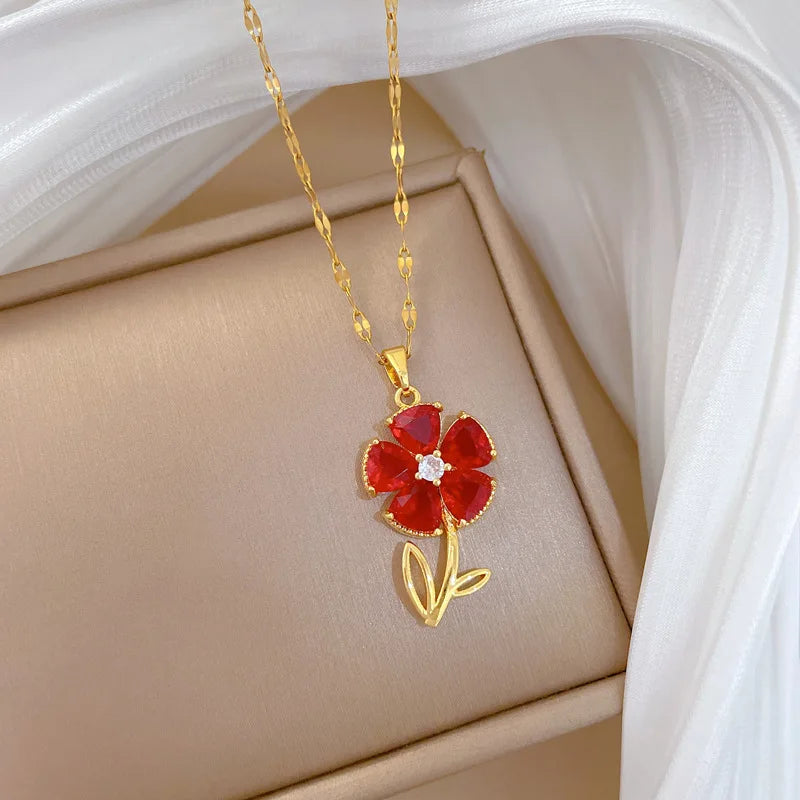 Red Crystal Flower Pendant Necklace – Stainless Steel
