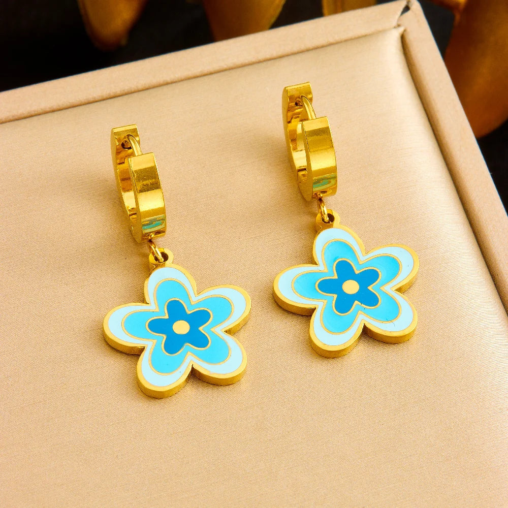 Elegant Blue Enamel Vintage  Flower Stainless Steel Jewelry Set