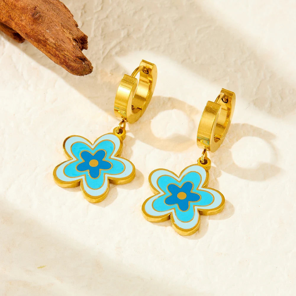 Elegant Blue Enamel Vintage  Flower Stainless Steel Jewelry Set