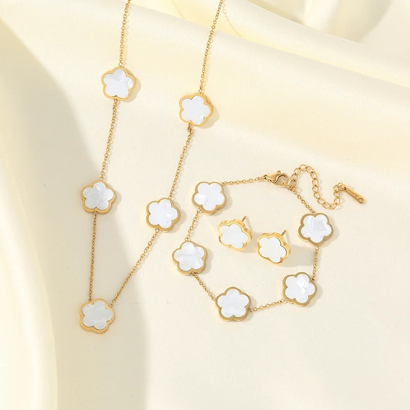 Five Clover Necklace Bracelet Earrings 18K Gold Plated Jewelry Set