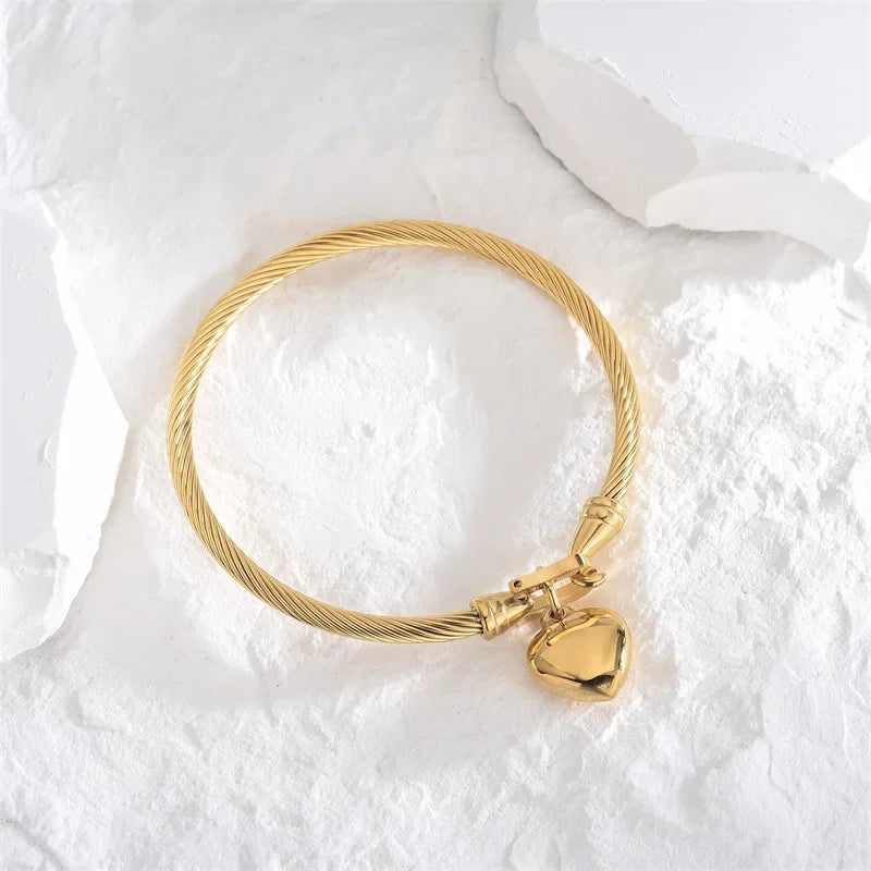 18K Gold-Tone Heart Charm Bangle Stainless Steel Vintage