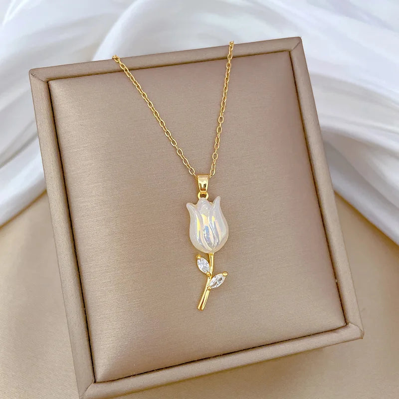 Rose Flower Pendant Necklace Stainless Steel