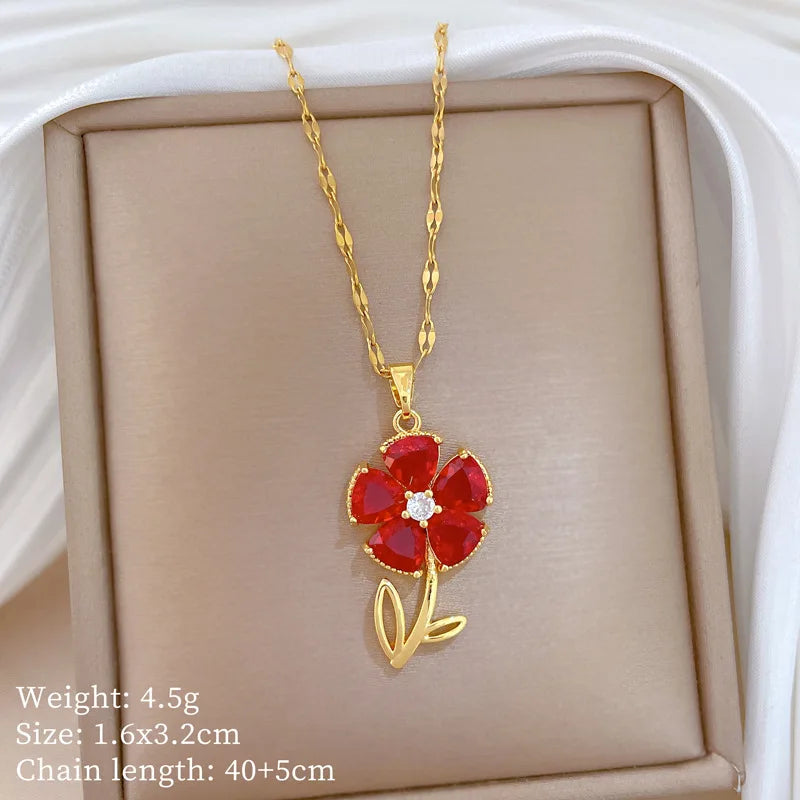 Red Crystal Flower Pendant Necklace – Stainless Steel