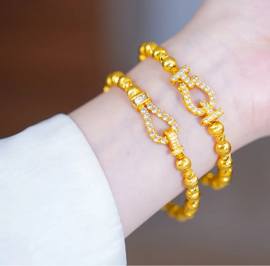 24K Gold Filled Cat Eye Bead Bracelet for Women Horseshoe Clasp Zircon Elegant