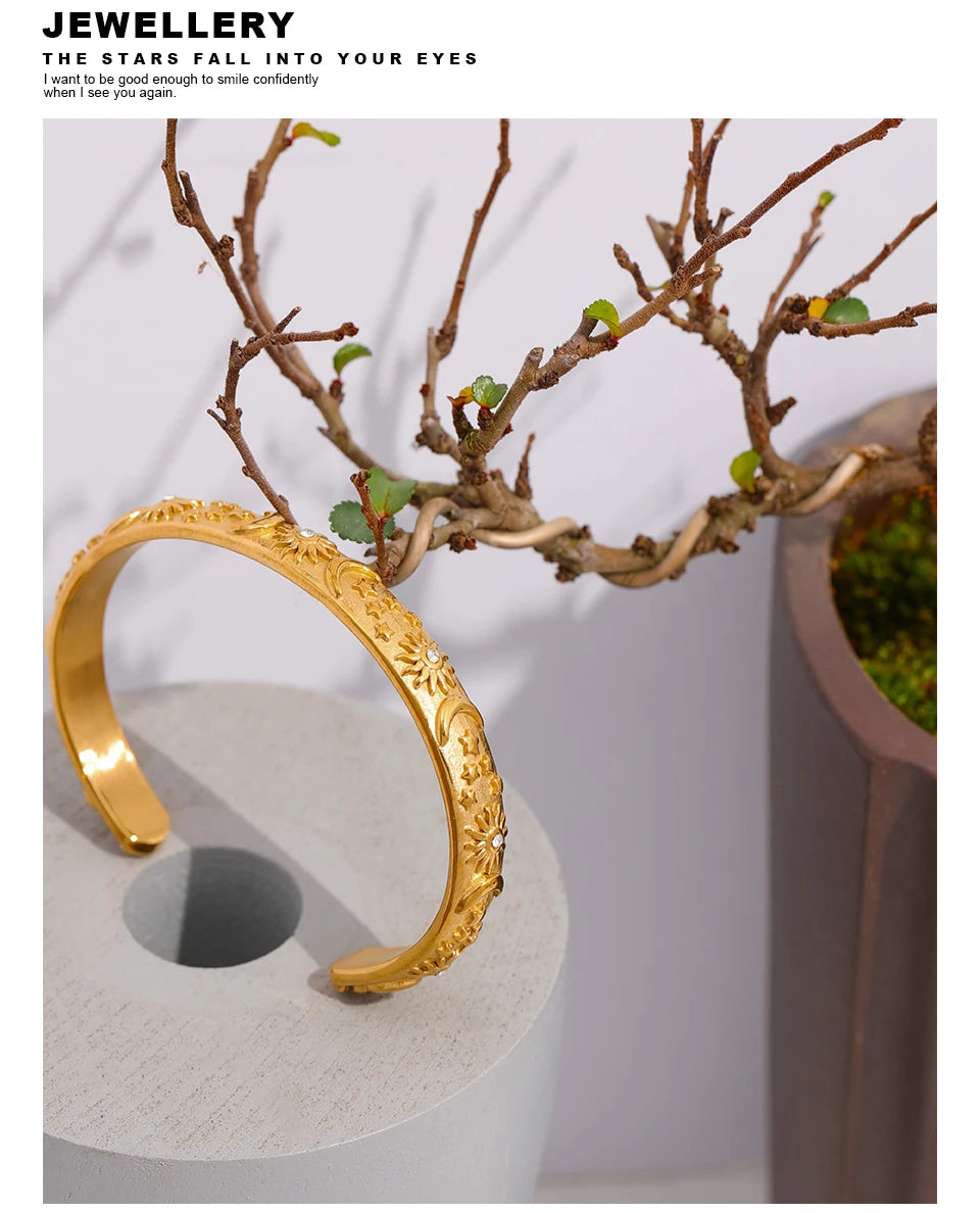 Vintage Gold Moon Star Sun Cuff Waterproof Stainless Steel Bangle