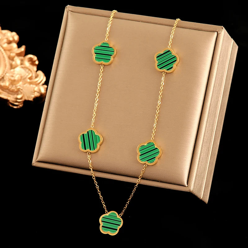 Five Clover Necklace Bracelet Earrings 18K Gold Plated Jewelry Set