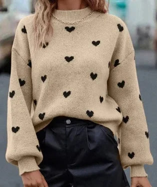 Women’s Heart Print Round Neck Sweater