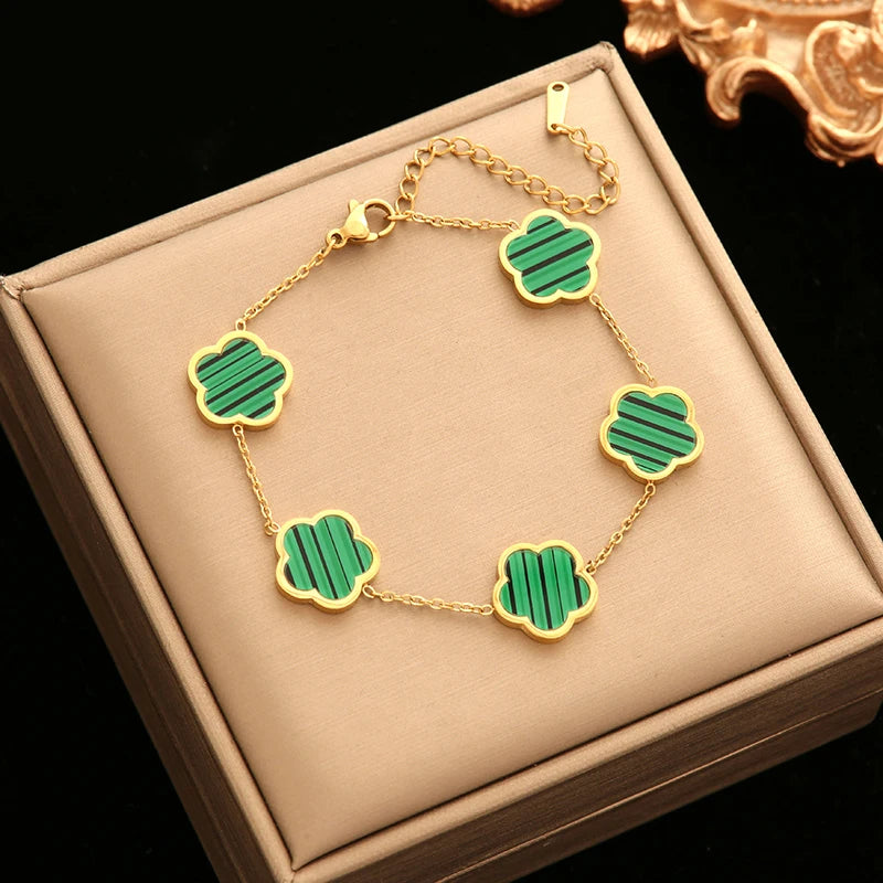 Five Clover Necklace Bracelet Earrings 18K Gold Plated Jewelry Set