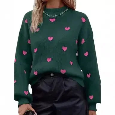 Women’s Heart Print Round Neck Sweater