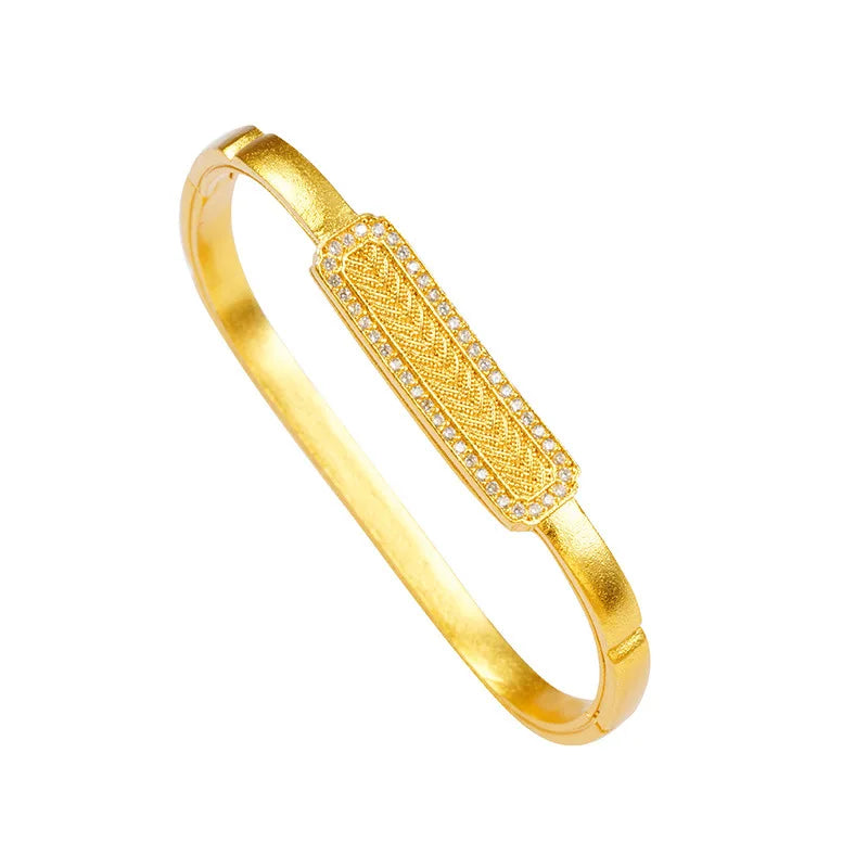 24K Women’s Gold Tone Zircon Bangle Wheat Square Design Adjustable Gift Bracelet