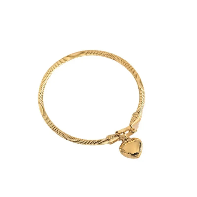 18K Gold-Tone Heart Charm Bangle Stainless Steel Vintage