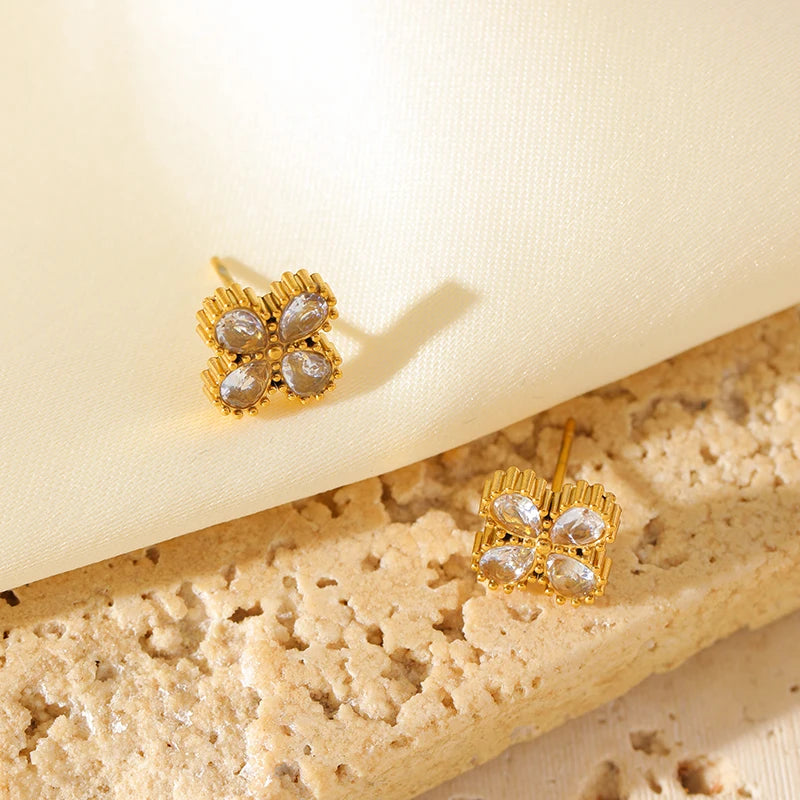 Gold-Tone Flower Zirconia Jewelry Set  Waterproof Stainless Steel