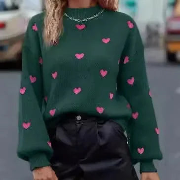 Women’s Heart Print Round Neck Sweater