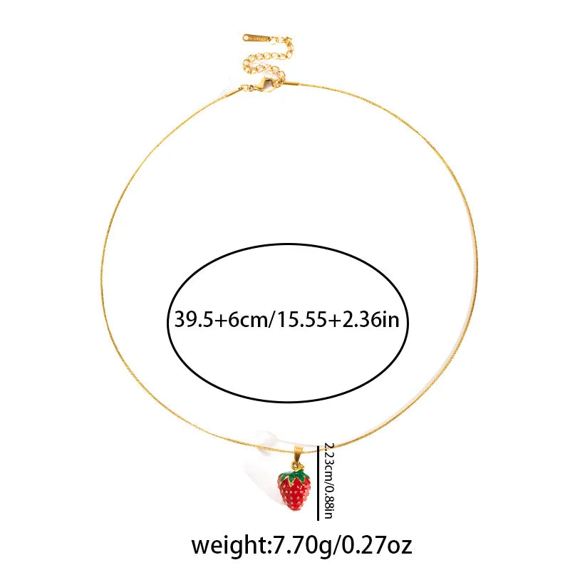 Strawberry Pendant Necklace Stainless Steel Enamel Chain