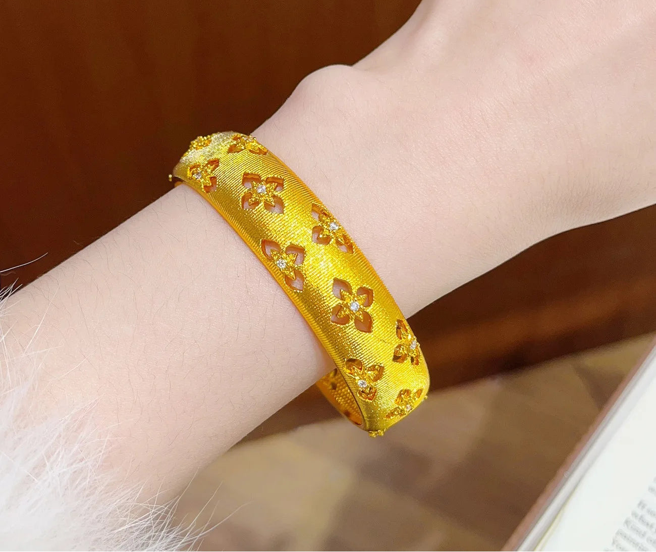 24K Gold Filled Clover Cuff Bangle Bracelet for Women Lucky Hollow Design Zircon