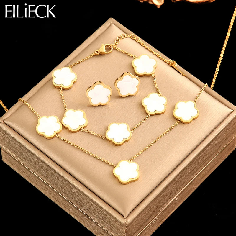 18K Gold Plated Clover Jewelry Set – Necklace, Bracelet & Earrings
