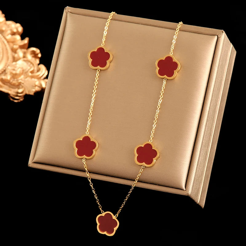 Five Clover Necklace Bracelet Earrings 18K Gold Plated Jewelry Set