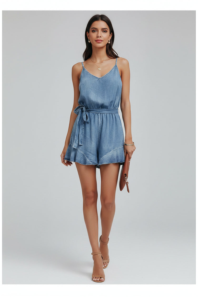 Women's Denim Look Wide Leg Romper
