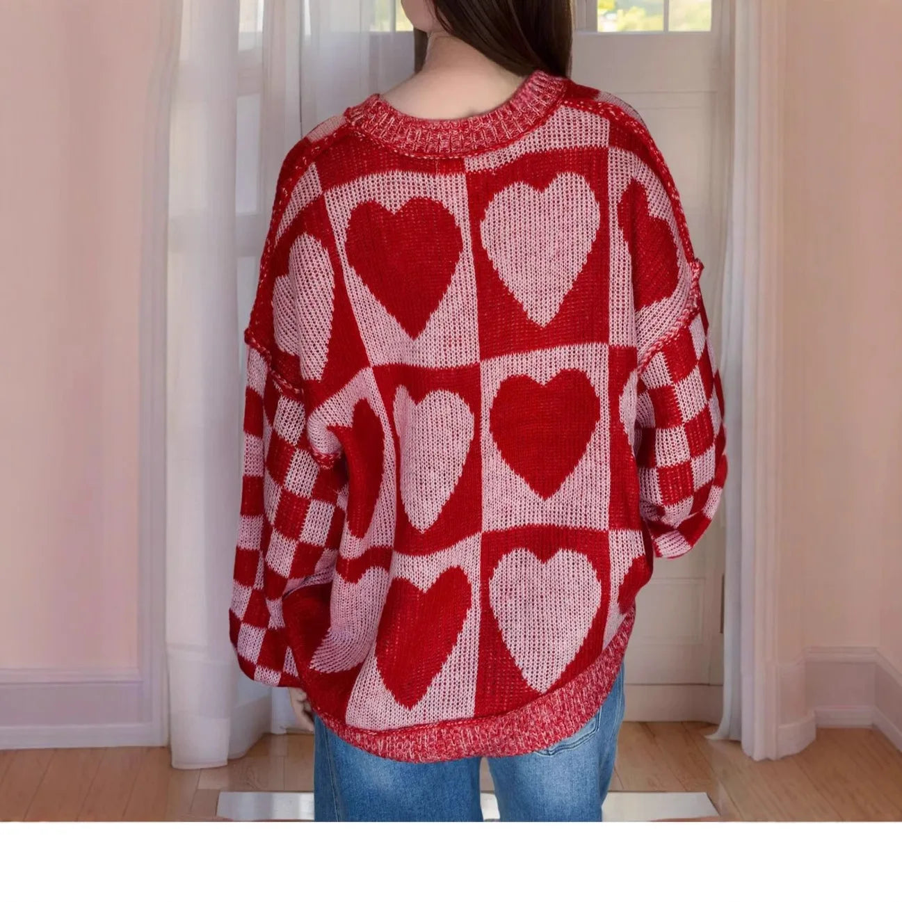 Casual Heart Knit Round Neck Sweater
