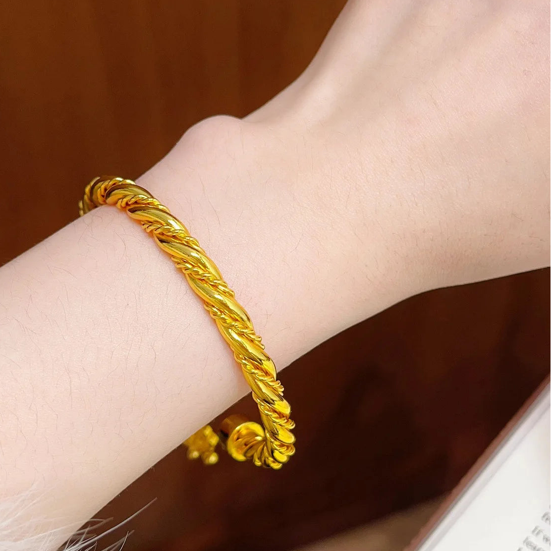 24K Gold Peach Blossom Open Bangle Bracelet for Women Lucky Symbol Jewelry